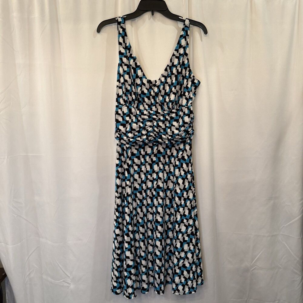 Y2K Geometric Print Ruched Waist Midi Dress Plunge V Neck Fit Flare 12